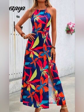 Navy Halter Maxi Dress with Bright Floral Print Sixe XL(12)